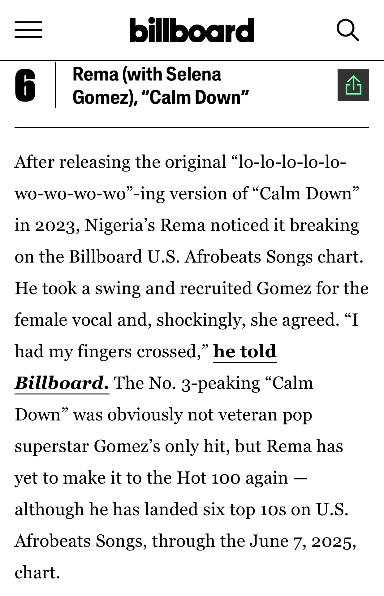 Billboard's article including Rema as a one-hit wonder 