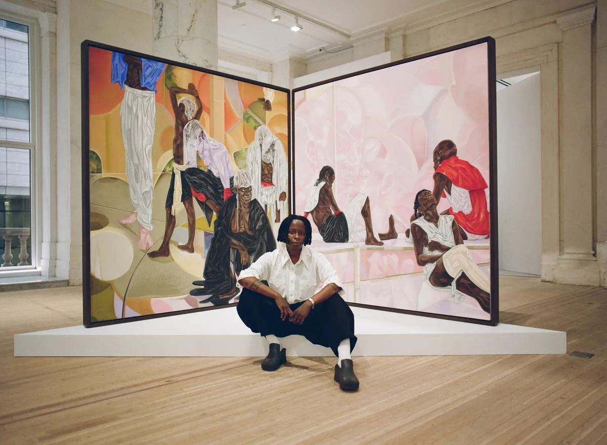 Toyin Ojih Odutola at Jack Shainman Gallery in front of her diptych “Lẹhin Mgbede (Before + After the Evening’s Performance),” 2023-2024